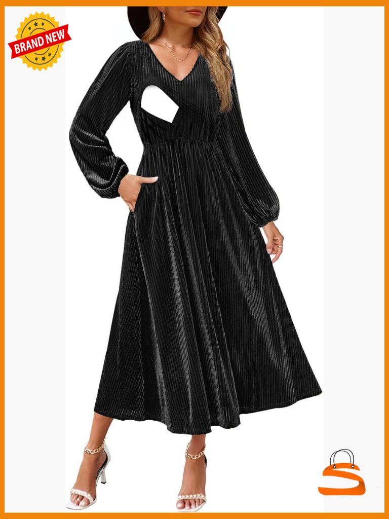 Nursing Long Sleeve V Neck Velvet Maxi Dress Flowy With Pockets